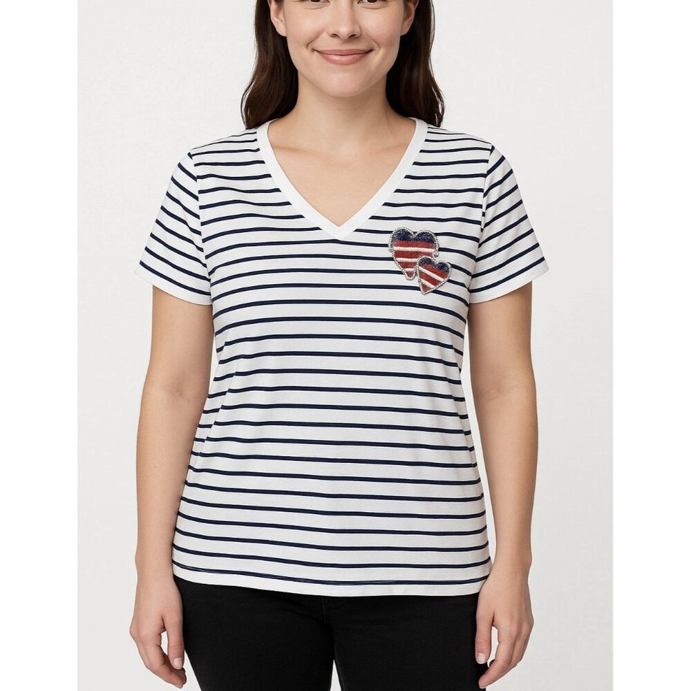 Cynthia Rowley Women’s Striped V-Neck T-Shirt Size M Heart American Flag Patch